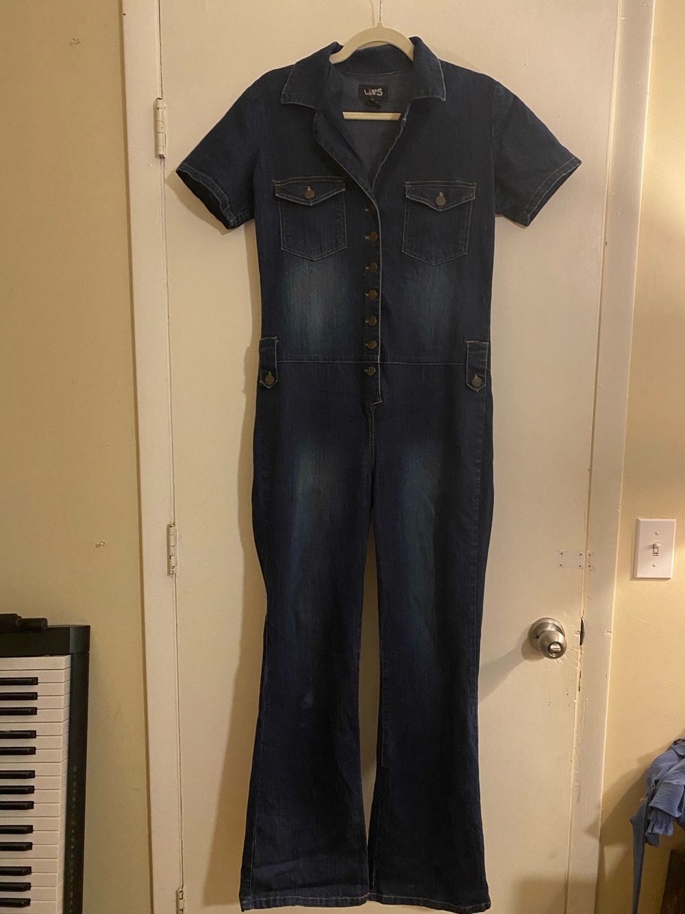 Women's Dark Blue Denim Jumpsuit - Button-Front Jeans Coverall